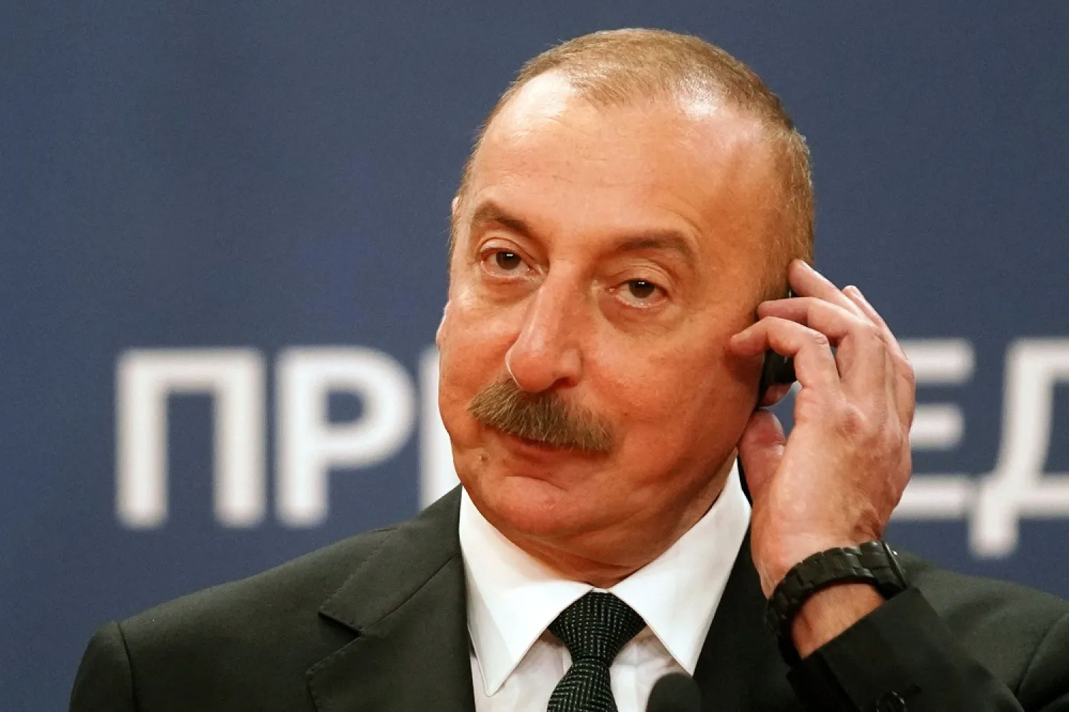 Azerbaijan's President Ilham Aliyev listens during a joint press conference whit his Serbian counterpart at the Palace Of Serbia in Belgrade on November 23, 2022. (AFP)