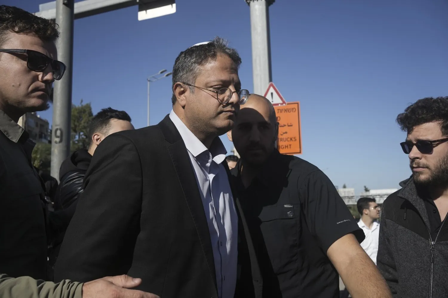 Israeli far-right lawmaker Itamar Ben-Gvir arrives at the scene of an explosion at a bus stop in Jerusalem, Wednesday, Nov. 23, 2022. (AP)