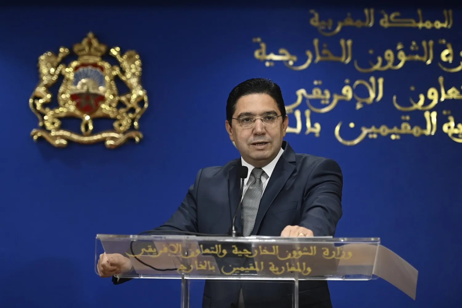 20 October 2022, Morocco, Rabat: Moroccan Minister of Foreign Affairs and International Cooperation Nasser Bourita speaks during a press conference with Belgian Foreign Minister Hadja Lahbib (Not Pictured) after their meeting. (dpa)