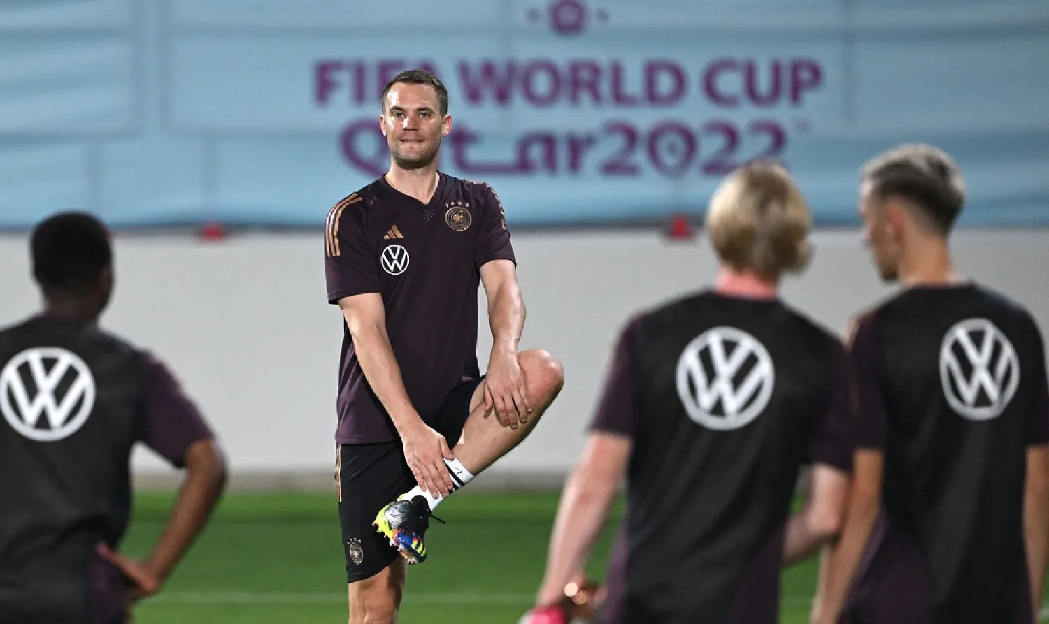 Germany's goalkeeper Manuel Neuer (C) takes part in a training session at Al Shamal Stadium in Al Shamal, north of Doha on November 25, 2022, during of the Qatar 2022 World Cup football tournament. (AFP)
