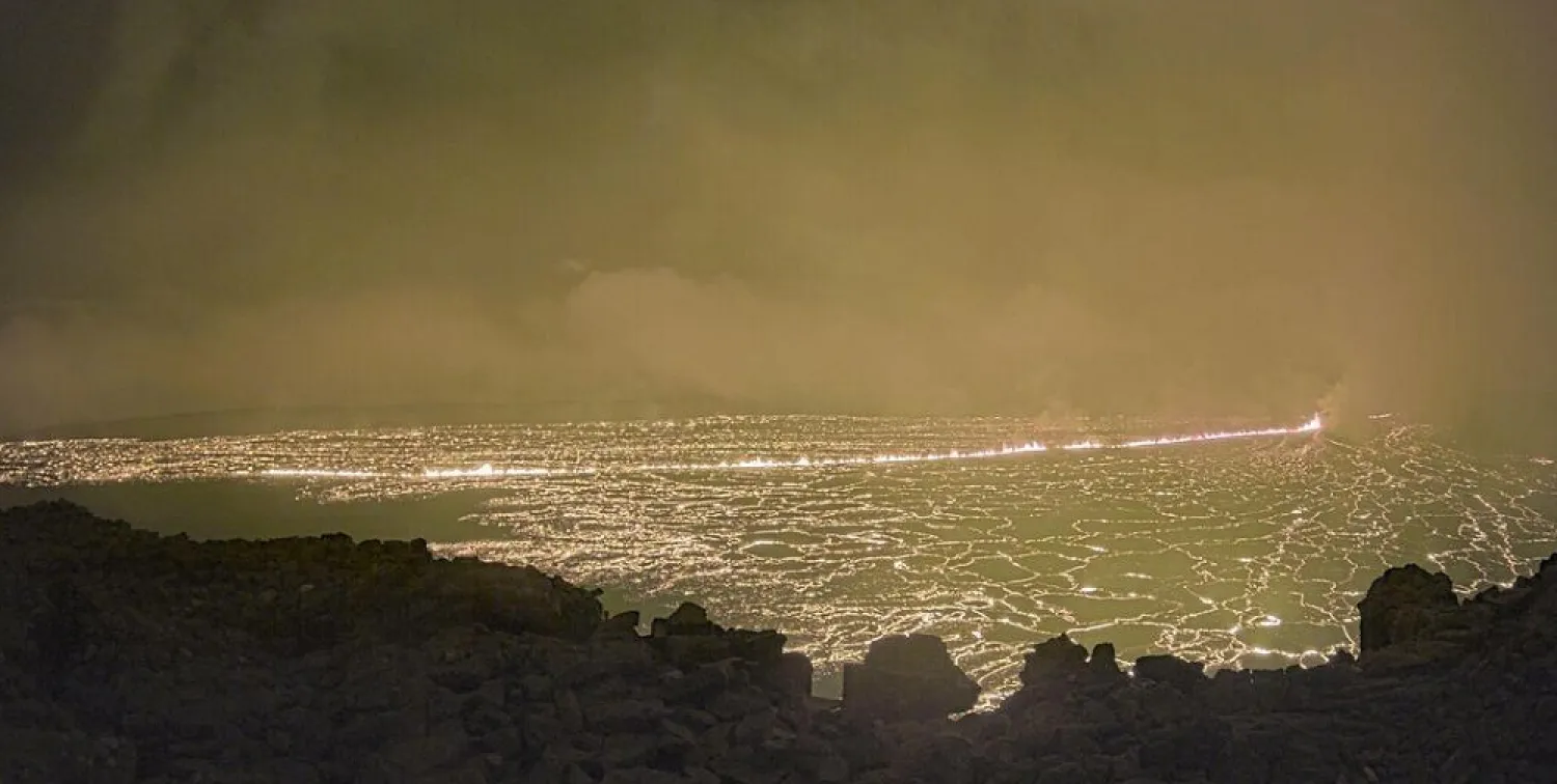 This image provided by the US Geological Survey Hawaiian Volcano Observatory shows Hawaii’s Mauna Loa, the world’s largest active volcano, has started to erupt, prompting volcanic ash and debris to fall nearby. (USGS Hawaiian Volcano Observatory via AP) 