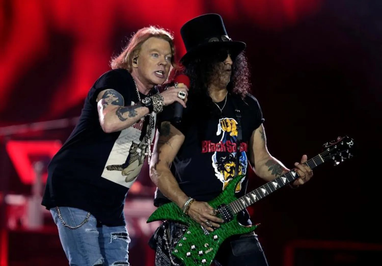 Axl Rose and Slash, lead singer and lead guitarist of US rock band Guns N' Roses, perform during their "Not in This Lifetime... Tour" at the du Arena in Abu Dhabi, United Arab Emirates November 25, 2018. REUTERS/Christopher Pike