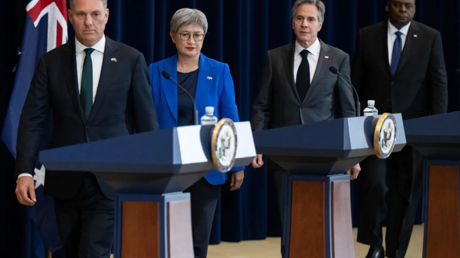 Australian Deputy Prime Minister and Defense Minister Richard Marles (left), Australian Foreign Minister Penny Wong, US Secretary of State Antony Blinken and US Defense Secretary Lloyd Austin arrive for a press conference in Washington. SAUL LOEB / AFP
