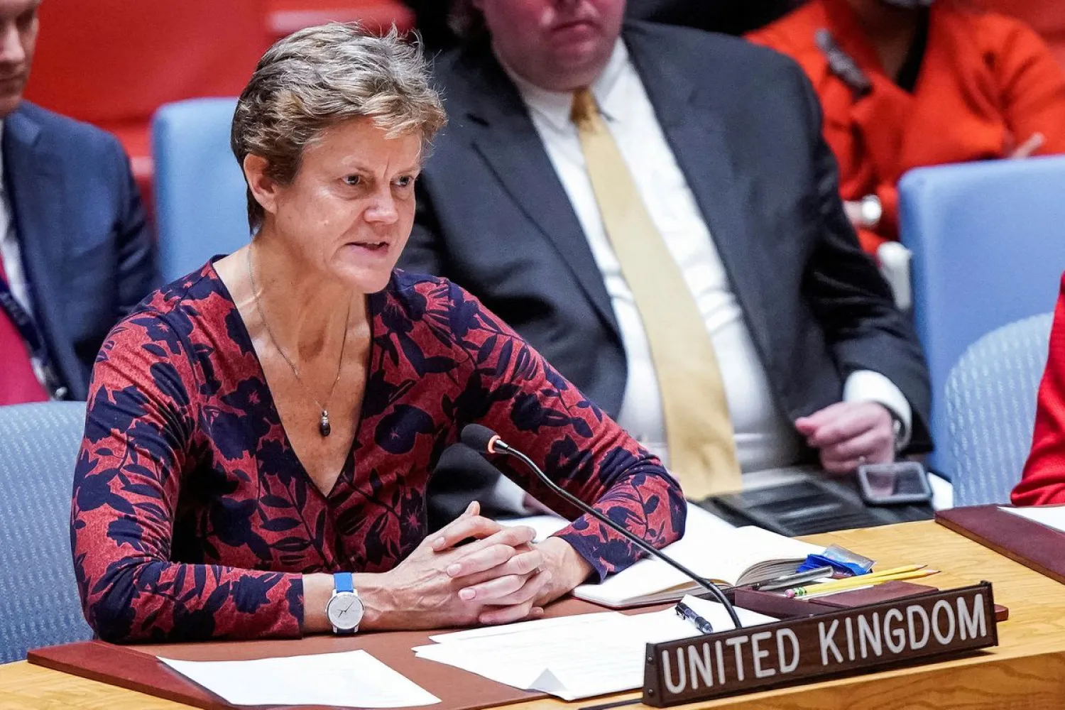 British Ambassador to the United Nations Barbara Woodward speaks during a meeting of the UN Security Council members at the United Nations headquarters in New York, US, October 27, 2022. (Reuters)