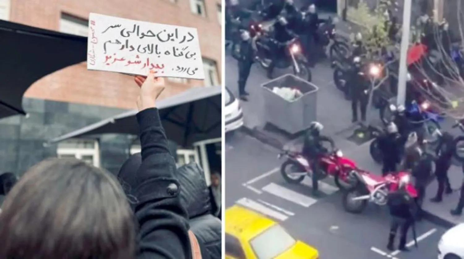 Bilim ve Kültür Üniversitesi'ndeki kız öğrenciler idam kararlarını kınayan bir protesto gösterisi düzenlediler (İran Öğrenci Birliği) Cumartesi akşamı Tahran'ın merkezindeki Settar Han Caddesi'nde konuşlanan çevik kuvvet polisleri (Twitter)