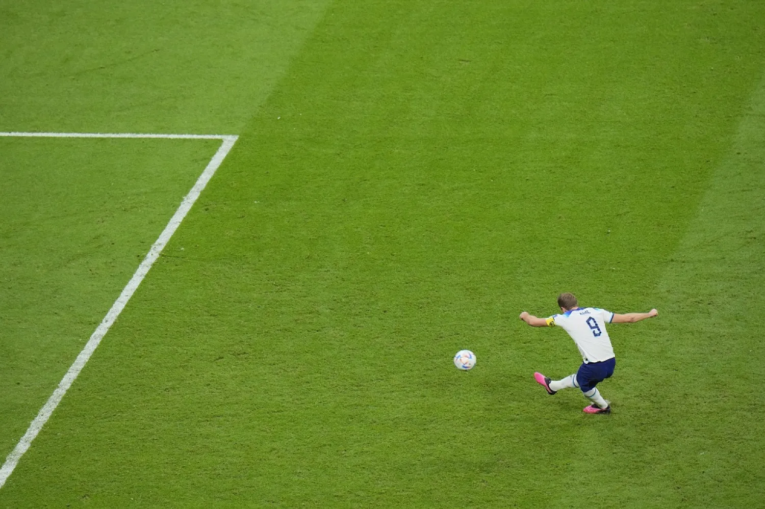 England's Harry Kane misses a penalty shot during the World Cup quarterfinal soccer match between England and France, at the Al Bayt Stadium in Al Khor, Qatar, Saturday, Dec. 10, 2022. (AP)
