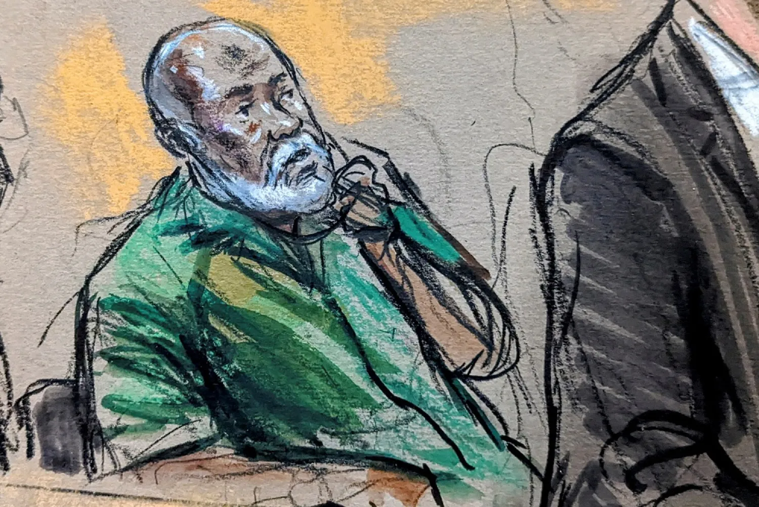 Abu Agila Mohammad Masud Kheir Al-Marimi, also known as Mohammed Abouajela Masud, accused of making the bomb that blew up Pan Am flight 103 over Lockerbie in Scotland in 1988, is shown listening in this courtroom sketch drawn during an initial court appearance in US District Court in Washington, US, December 12, 2022. (Reuters)