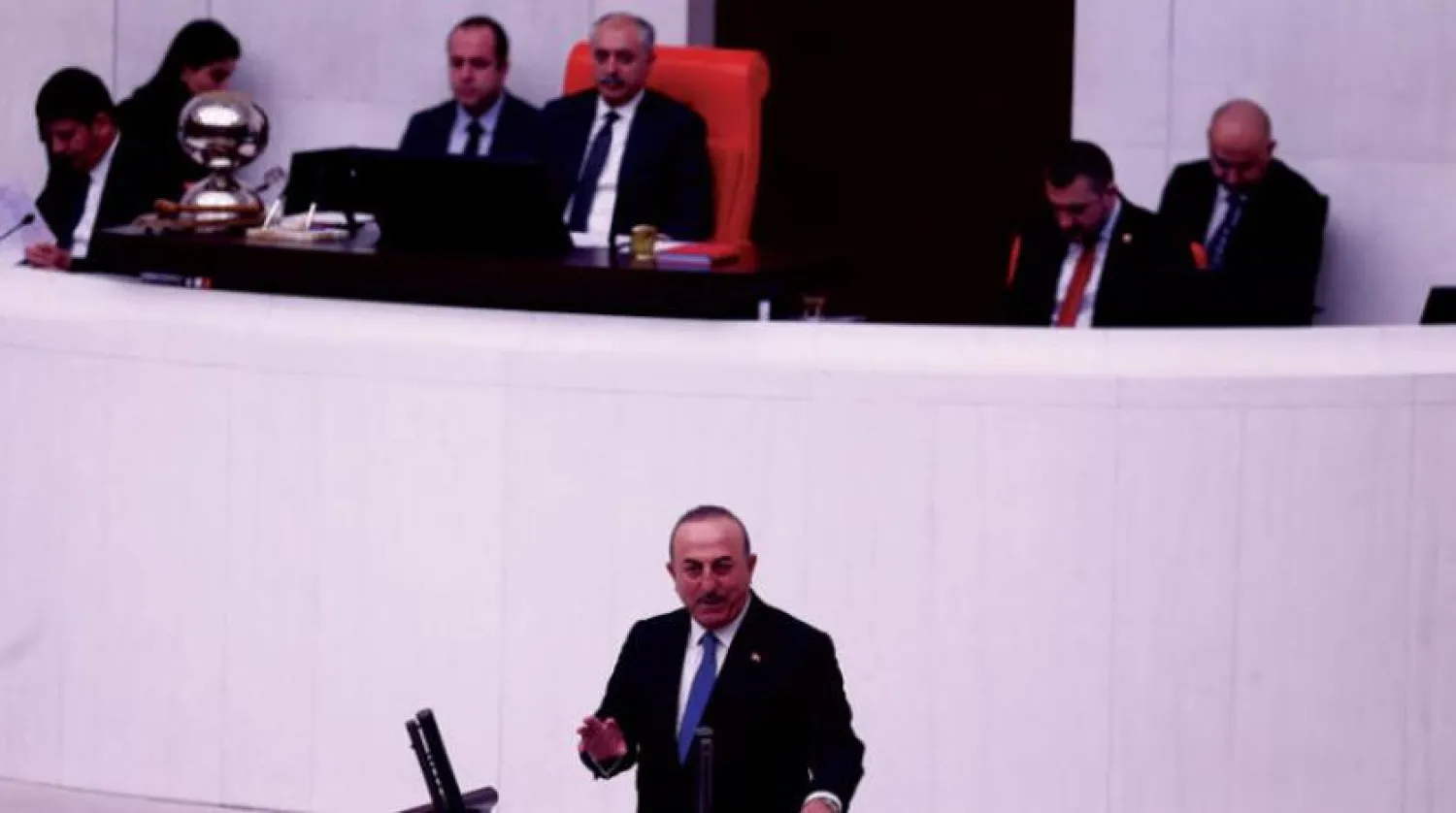 Turkish Foreign Minister Mevlut Cavusoglu addresses parliament in Ankara on Monday night. (AFP)