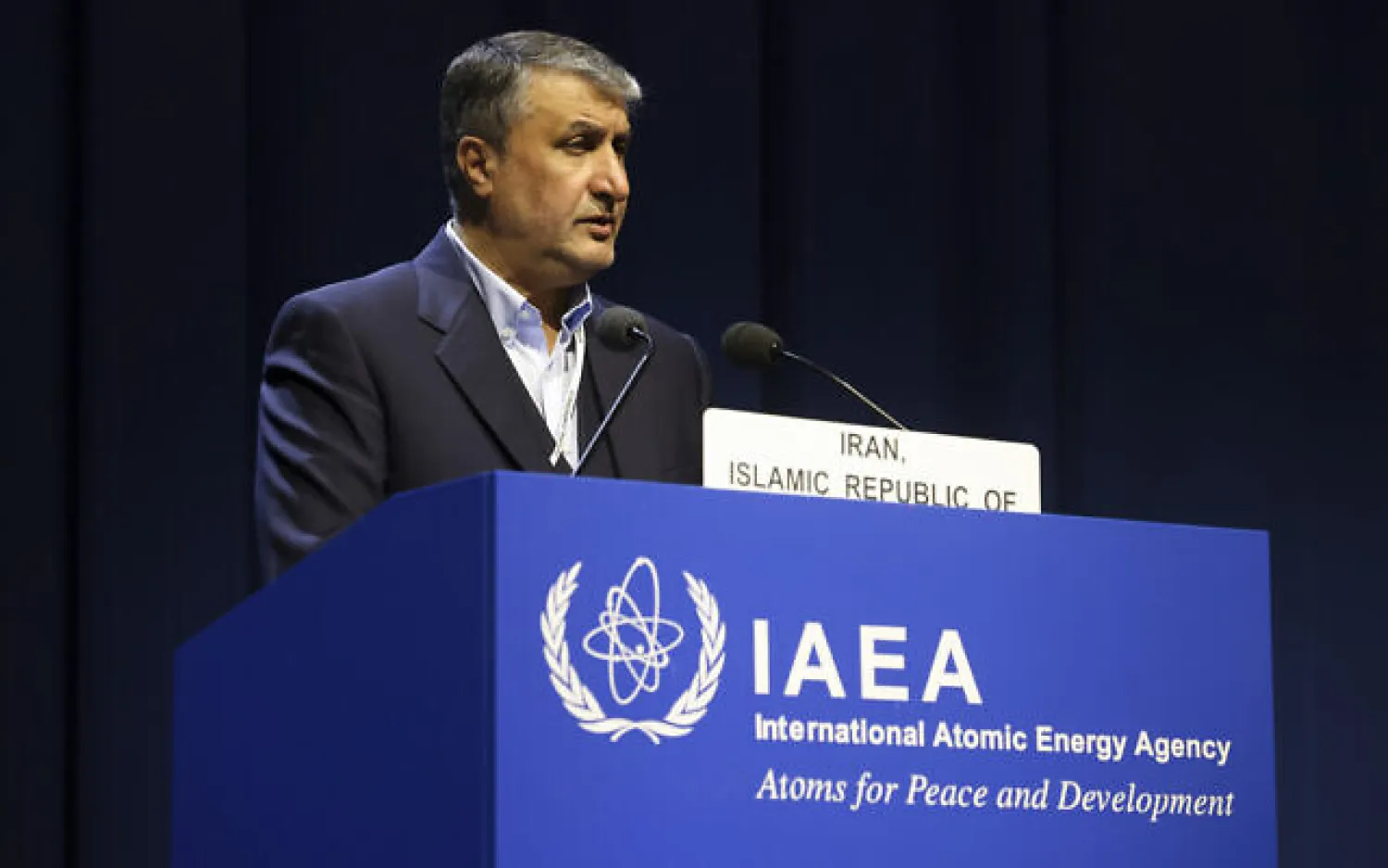 Mohammad Eslami, head of the Atomic Energy Organization of Iran speaks at the 66th General Conference of the International Atomic Energy Agency (IAEA) in Vienna, Austria, September 26, 2022. (AP Photo/Theresa Wey) 
