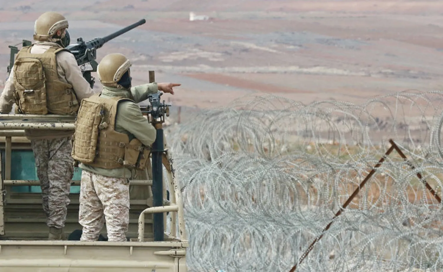 Jordanian soldiers patrolling along the border with Syria to prevent trafficking, on February 17, 2022. (AFP)


