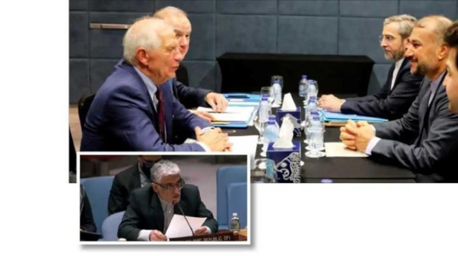 A picture distributed by the Iranian Foreign Ministry of Hossein Amir-Abdollahian’s meeting with EU foreign policy chief Josep Borrell (EPA) 