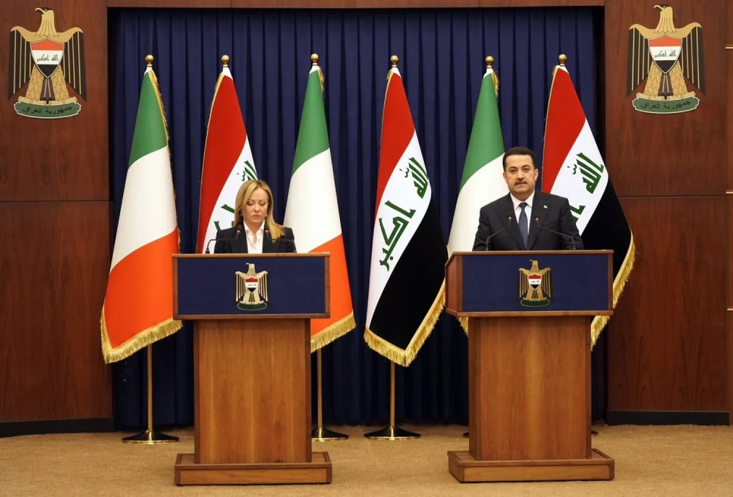 A handout photo made available by the Iraqi Prime Ministry Press Office shows Iraqi Prime Minister Mohammed Shia al-Sudani and Italian Prime Minister Giorgia Meloni giving a press conference in Baghdad, Iraq, 23 December 2022. (EPA/Iraqi Prime Ministry Press Office)