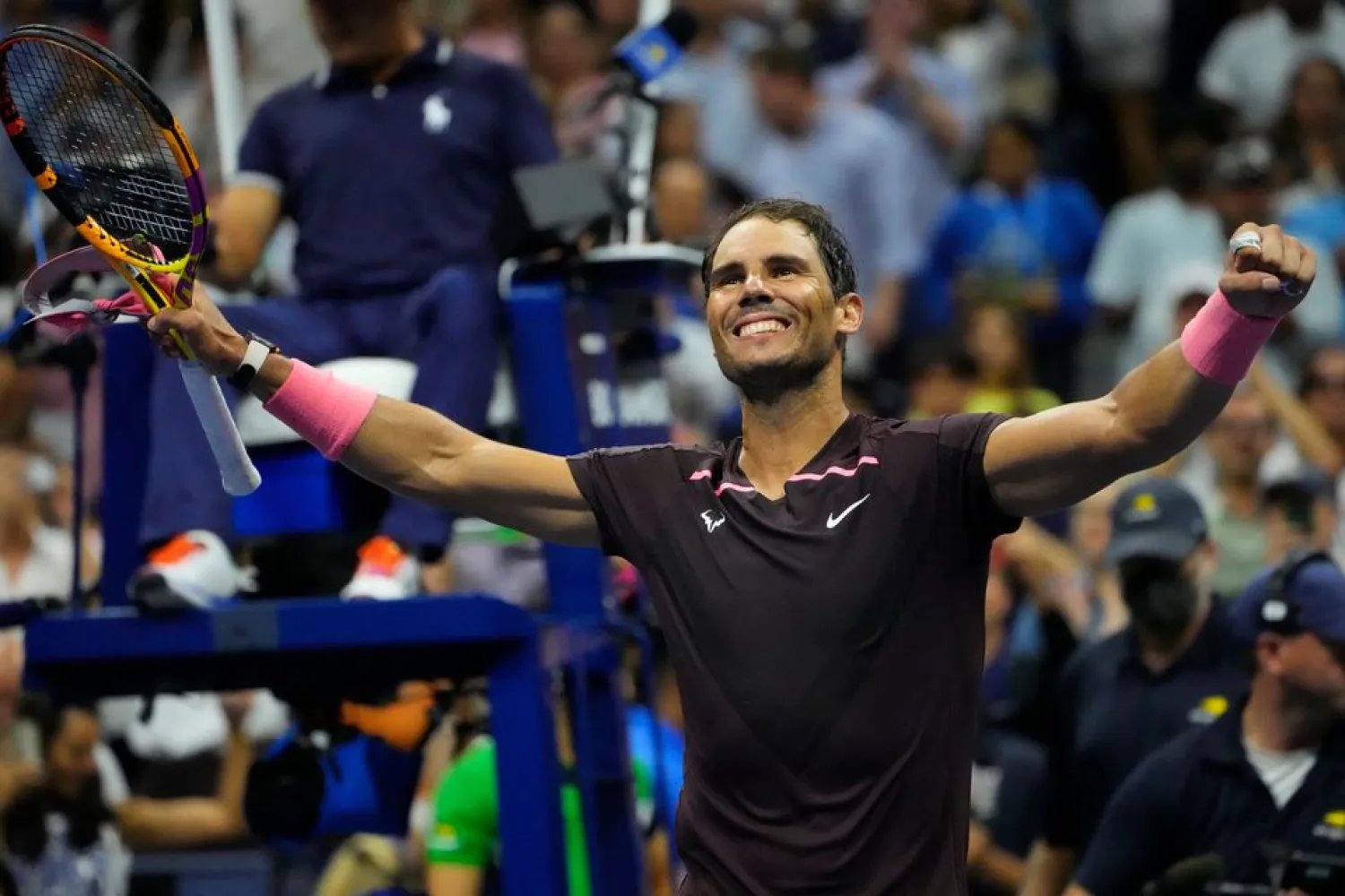 Sept 3, 2022; Flushing, NY, USA; Rafael Nadal of Spain reacts after beating Richard Gasquet of France on day six of the 2022 US Open tennis tournament at USTA Billie Jean King National Tennis Center. Mandatory Credit: Robert Deutsch-USA TODAY Sports.






