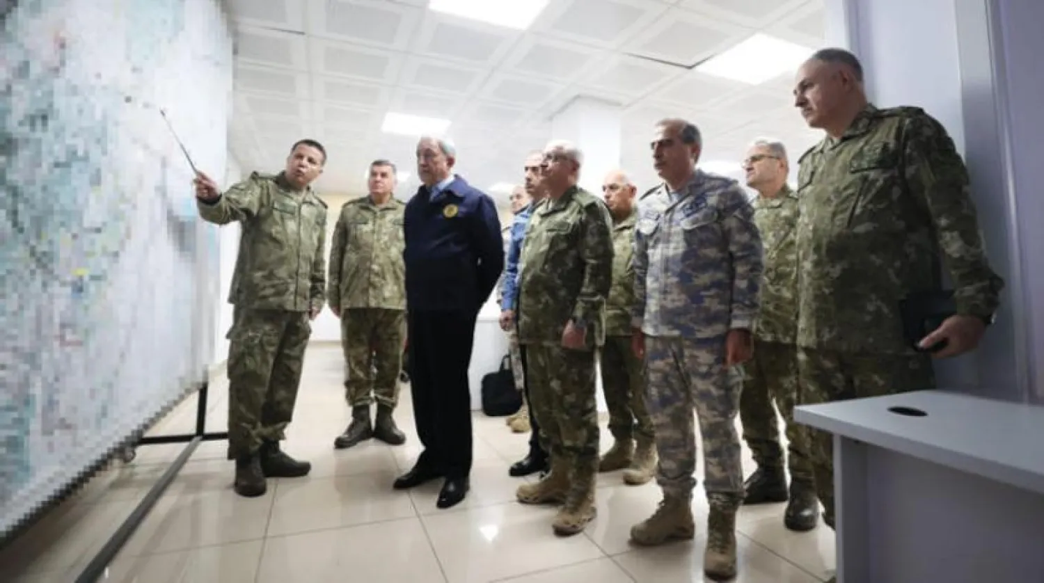 Turkish Minister of Defense Hulusi Akar and army leaders at the command center on the border with Syria. (Turkish Ministry of Defense)
