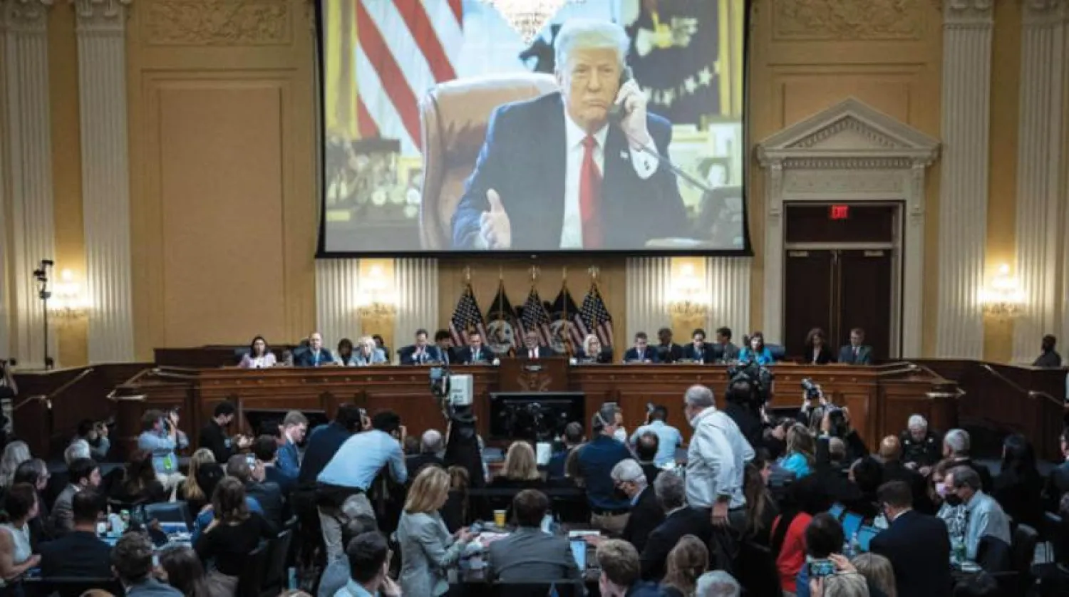 An image of former President Donald Trump is displayed during the committee's third hearing on June 16. (AFP/Getty Images)