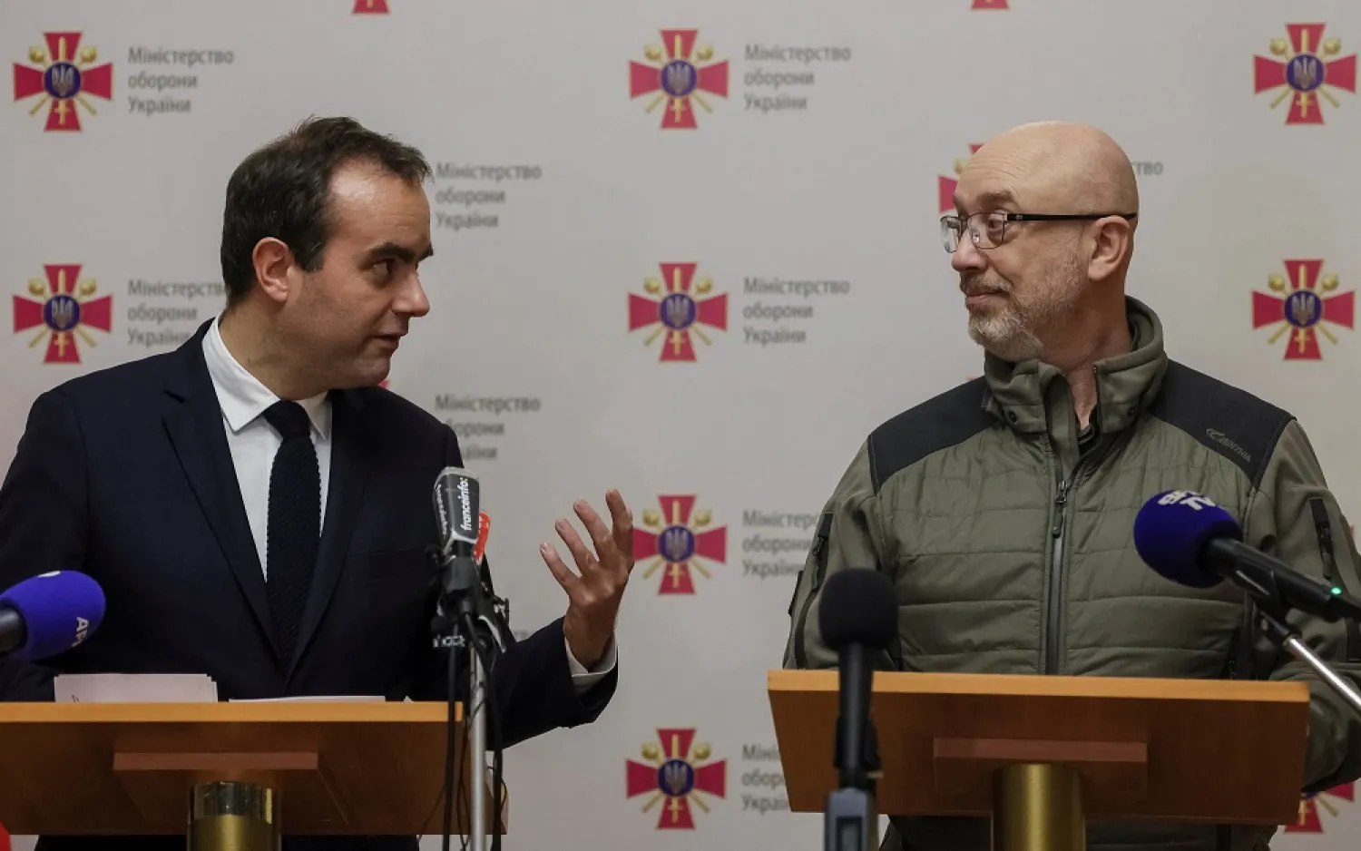 French Defense Minister Sebastien Lecornu speaks to his Ukrainian counterpart Oleksii Reznikov during a news conference, as Russia's attack on Ukraine continues, in Kyiv, Ukraine December 28, 2022. (Reuters)