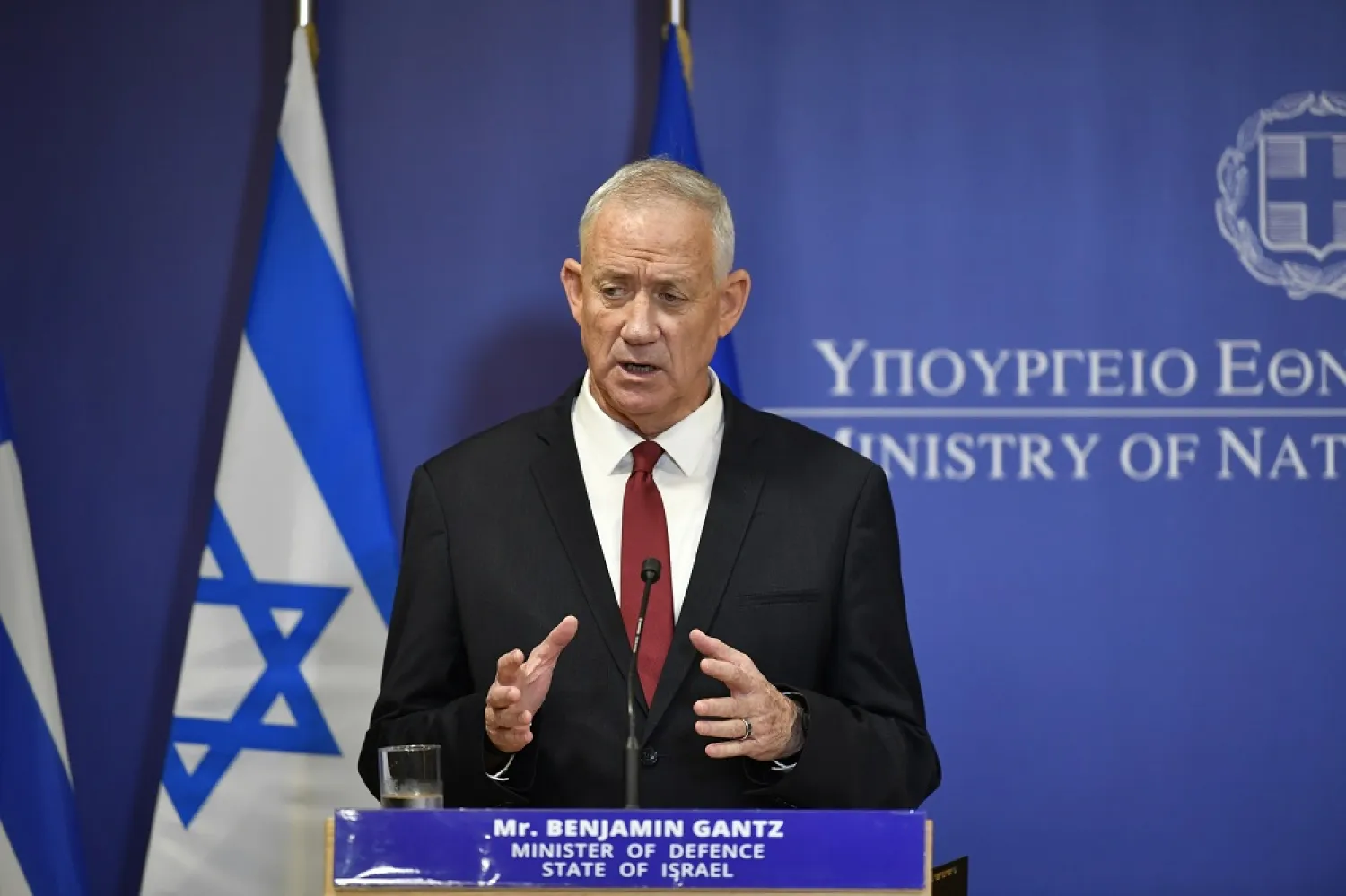 Israeli Defense Minister Benny Gantz, speaks during a joint press conference with his Greek counterpart Nikos Panagiotopoulos, at the Greek Ministry of Defense, in Athens, Greece, Friday, Nov. 18, 2022. (AP)