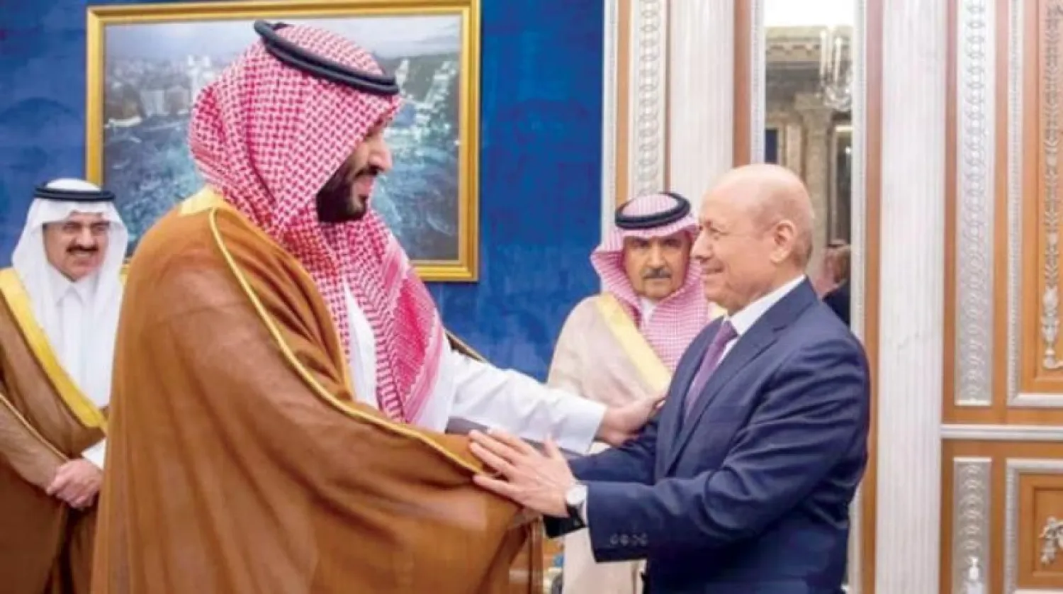 Saudi Crown Prince Mohammed bin Salman at his meeting with PLC President Rashad Al-Alimi on April 7, 2022 (SPA)

