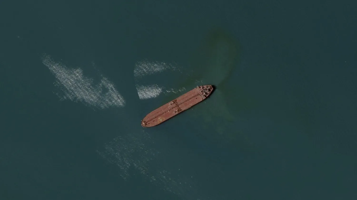 This satellite image from Planet Labs PBC shows the seized oil tanker Advantage Sweet off the coast of Bandar Abbas, Iran, Saturday, May 6, 2023. (Planet Labs PBC via AP) 