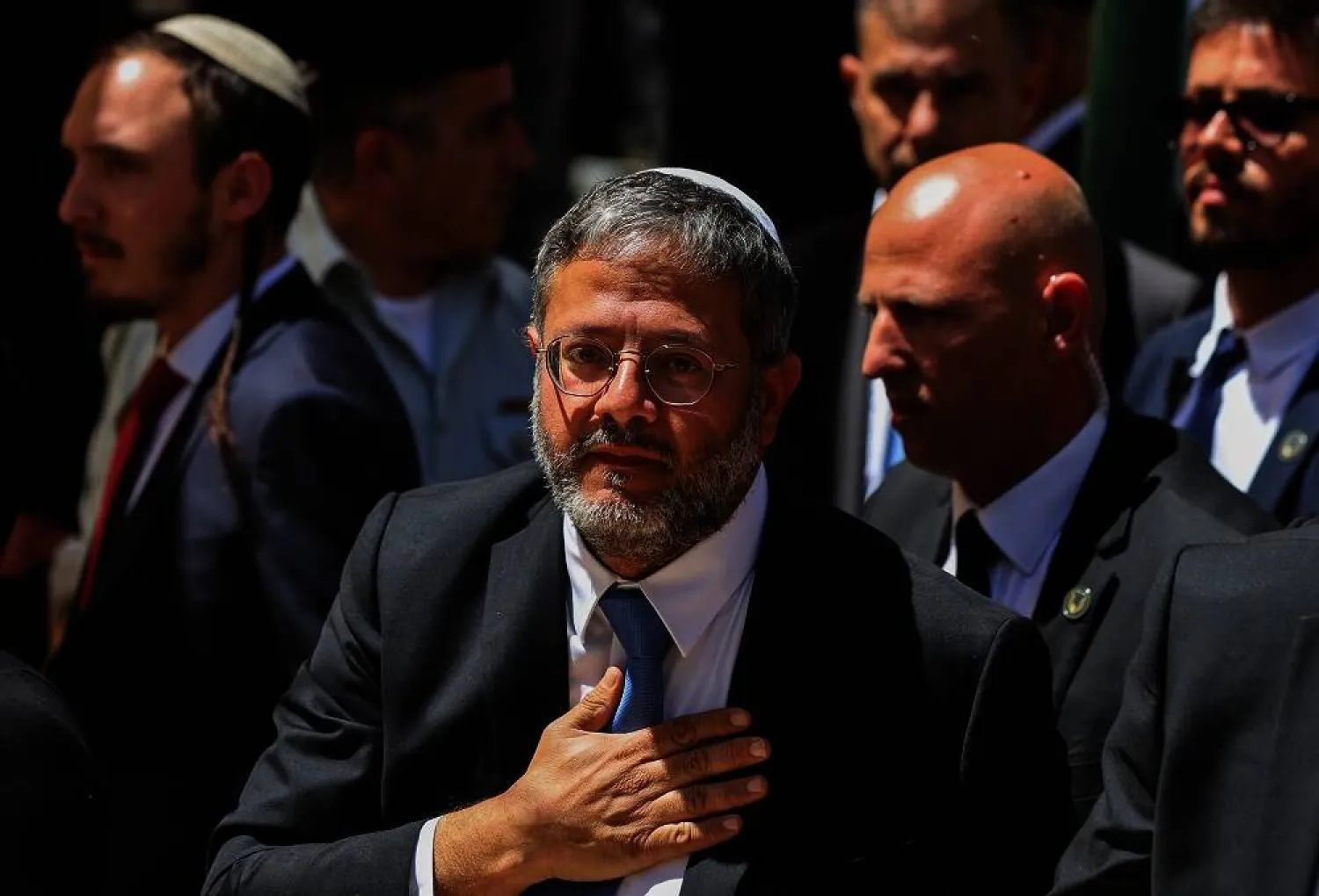 Israeli Security Minister Itamar Ben-Gvir attends a memorial ceremony marking Israel's Memorial Day in Beersheba, Israel, April 25, 2023. (Reuters) 
