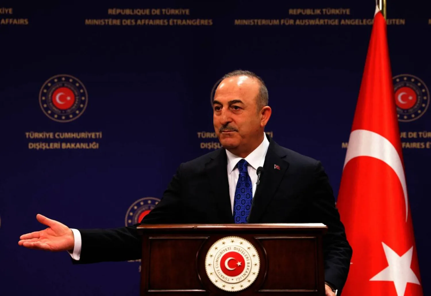 Turkish Foreign Minister Mevlut Cavusoglu during a press conference in Ankara (Reuters)