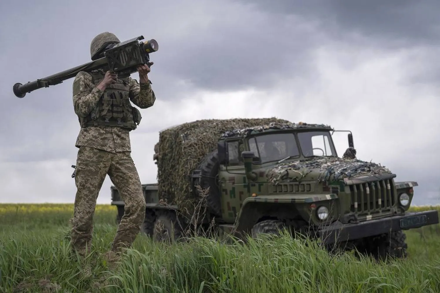 Members of a Ukrainian air-defense unit demonstrate their work near Kyiv on Monday, May 8, 2023. (AP)