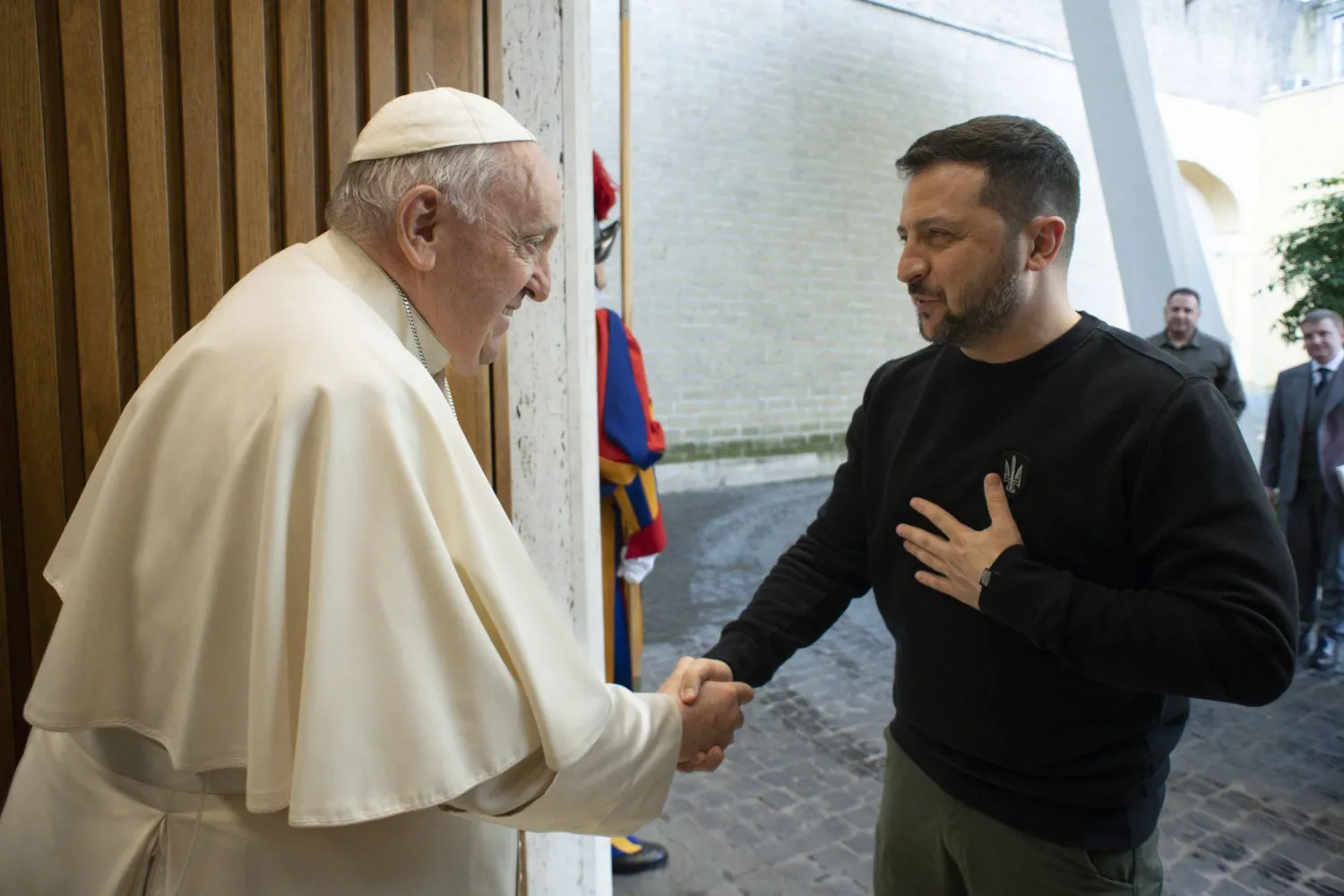 A handout picture provided by the Vatican Media shows Pope Francis (L) receiving Ukraine's President Volodymyr Zelensky during their meeting at the Vatican, 13 May 2023. It is the first time Zelensky visits Italy since the start of the Russian invasion of Ukraine in February 2022.  EPA/VATICAN MEDIA HANDOUT  HANDOUT EDITORIAL USE ONLY/NO SALES