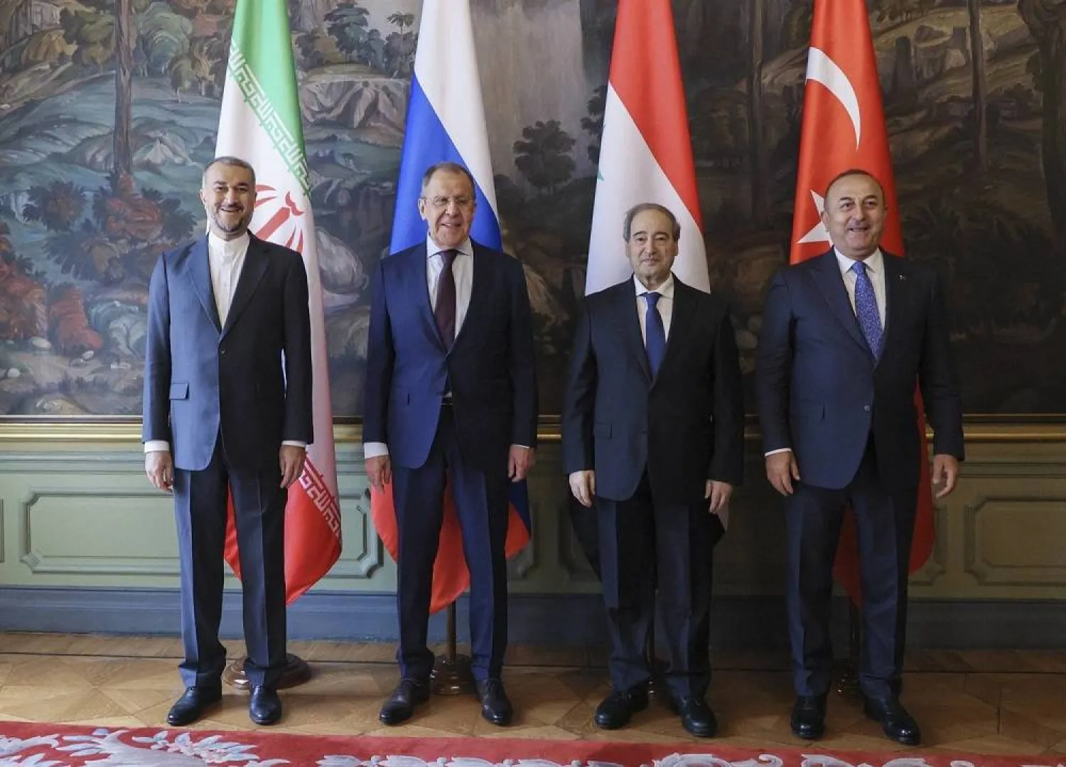 The foreign ministers of Türkiye, Syria, Russia and Iran met in Moscow on Wednesday. (Russian Foreign Ministry - EPA) 