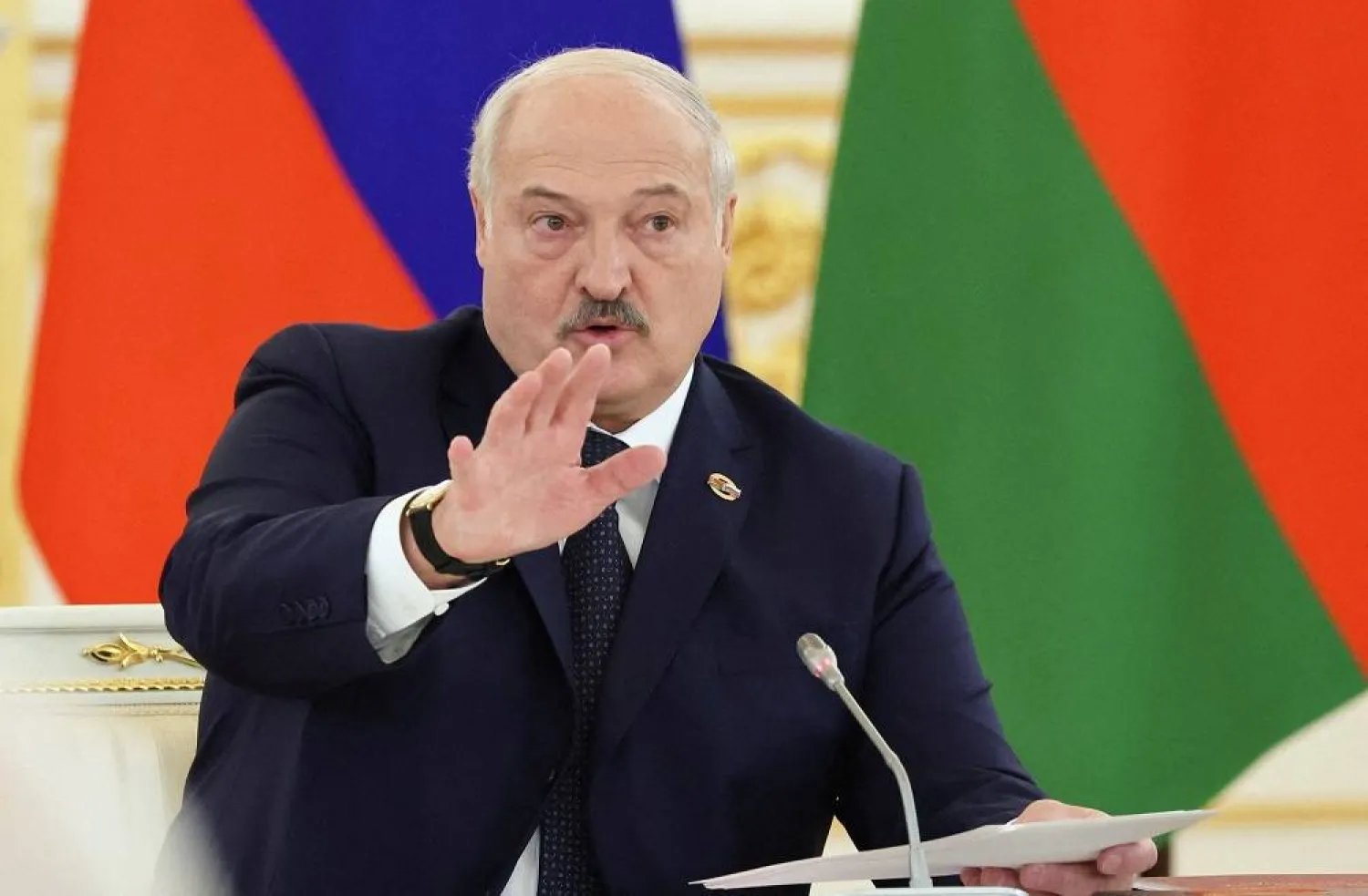 Belarusian President Alexander Lukashenko attends a meeting of the Supreme State Council of the Union State of Russia and Belarus at the Kremlin in Moscow, Russia April 6, 2023. (Reuters) 