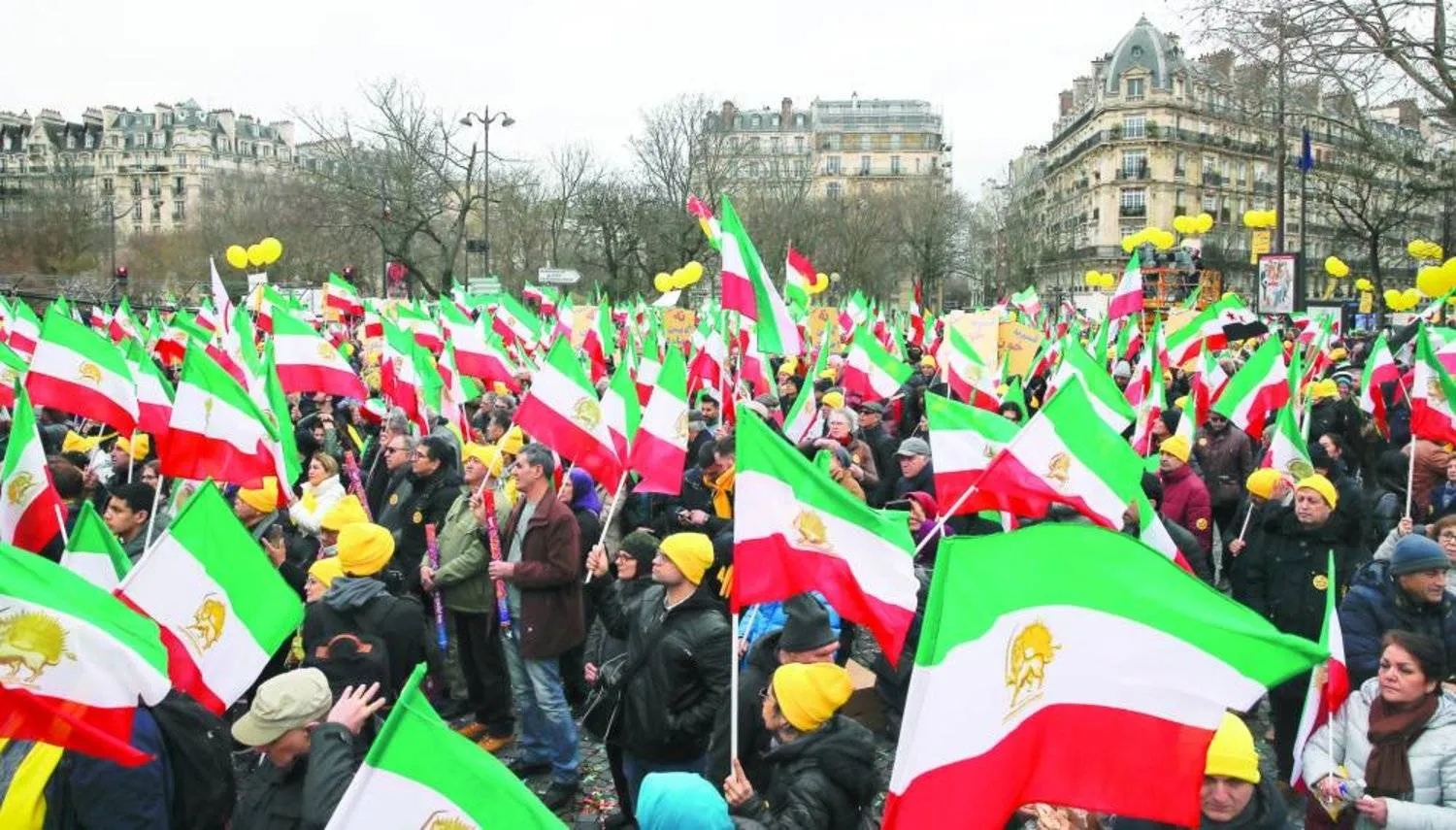 Supporters of the People's Mojahedin during a demonstration calling for the classification of the "Revolutionary Guard" on the terrorist list in Paris on Sunday. (EPA) 
