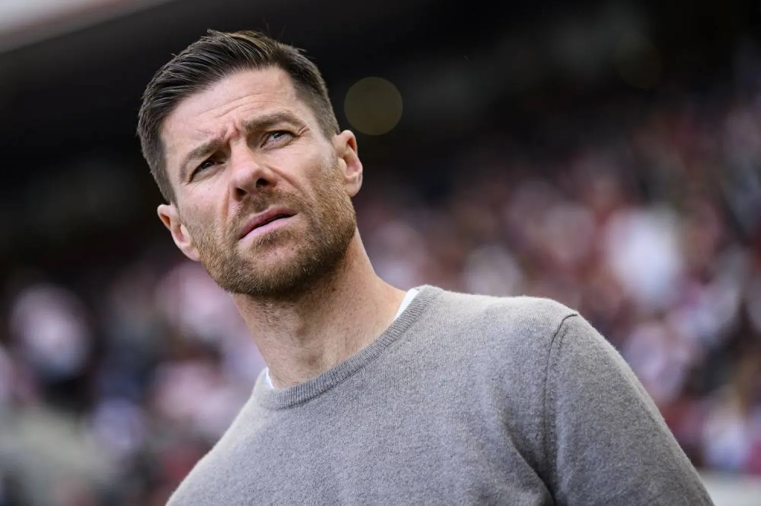 Leverkusen's head coach Xabi Alonso prior to the German Bundesliga match between VfB Stuttgart and Bayer 04 Leverkusen in Stuttgart, Germany, Sunday, May 14, 2023. (dpa via AP) 