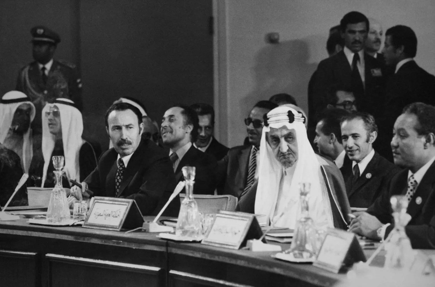 King Faisal and Algerian President Houari Boumediene at the Arab League’s 1974 summit in Rabat, Morocco (Getty Images)