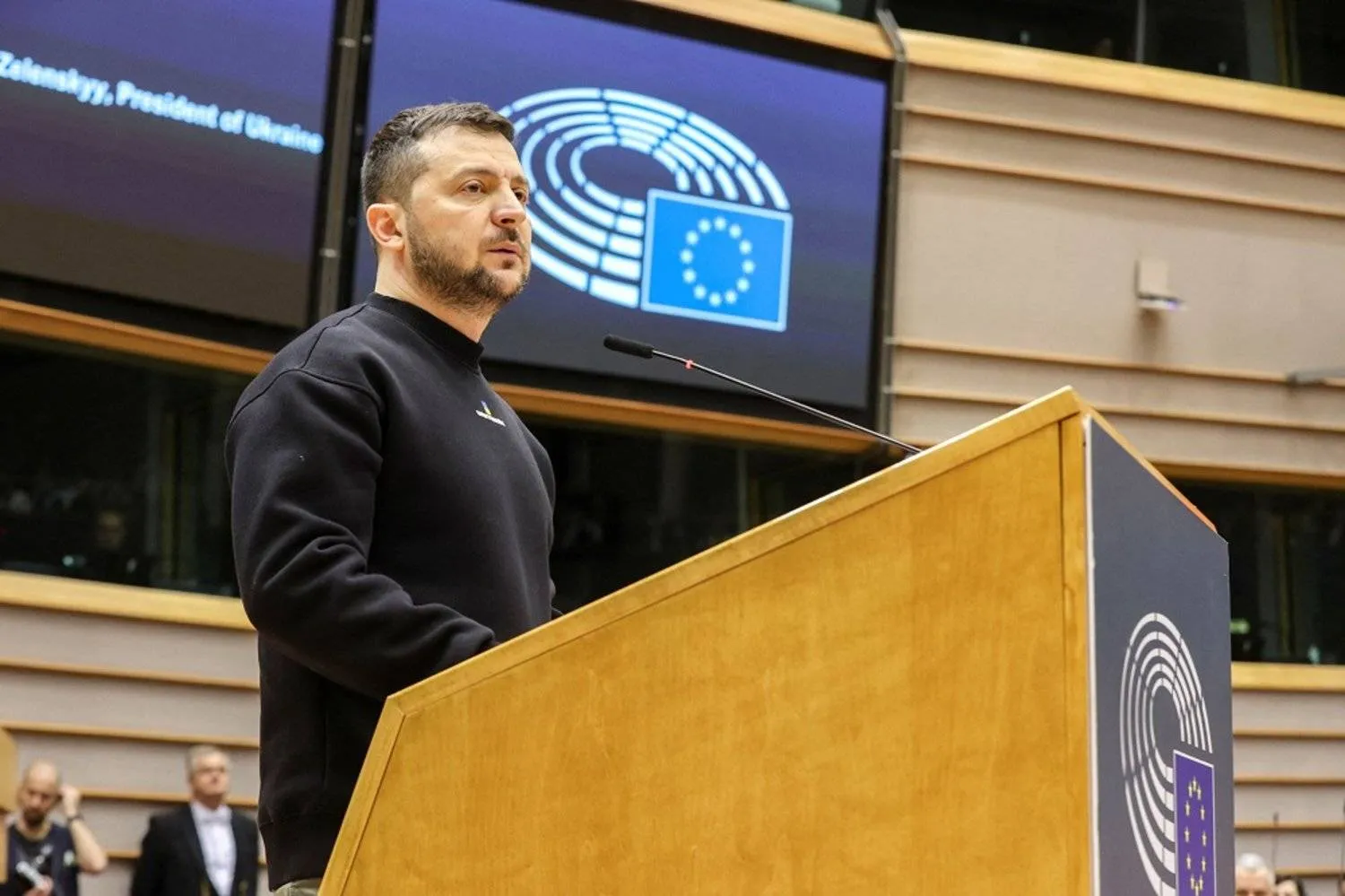 Ukrainian President Volodymyr Zelenskiy addresses the European Parliament, during his second international trip since Russia's invasion of Ukraine, in Brussels, Belgium February 9, 2023. (Reuters)