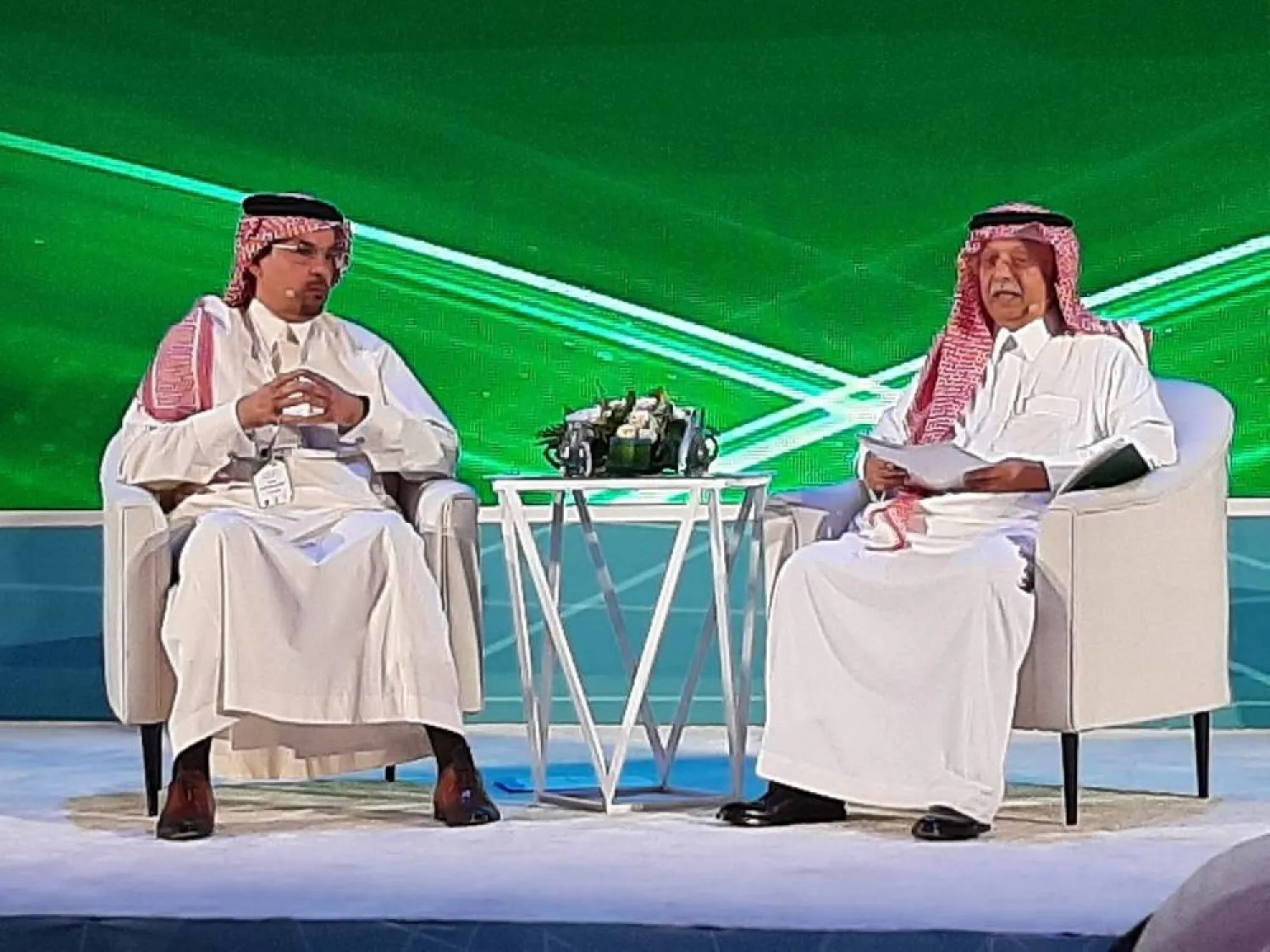 Abdallah Al-Mouallimi, Saudi Arabia’s former permanent representative to the UN, and Tariq Al-Homayed, the former editor-in-chief of Asharq Al-Awsat, at the event. (Asharq Al-Awsat) 