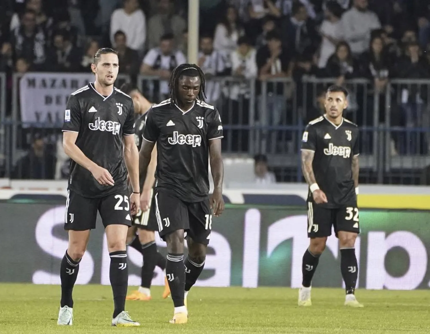 Juventus' players, Adrien Rabiot, from left, Moise Kean, and Leandro Paredes, are disappointed after Empoli's goal of 4-1, during the Italian Serie A match between Empoli and Juventus, at the Carlo Castellani stadium in Empoli, Italy, Monday, May 22, 2023. (AP) 