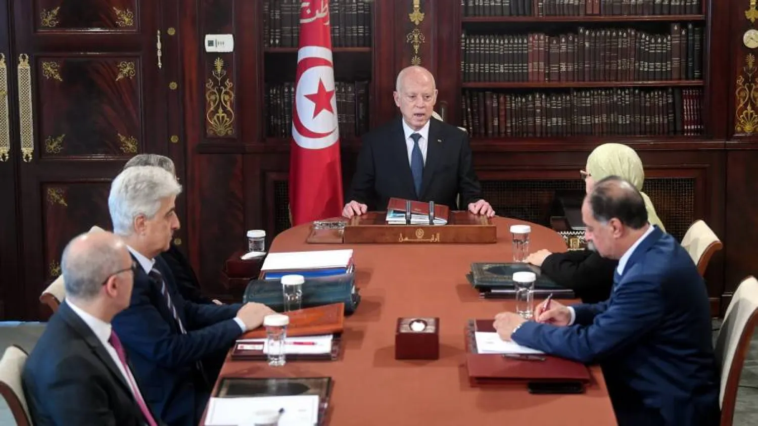 الرئيس سعيد في اجتماع سابق مع وزراء الداخلية والعدل والدفاع والخارجية (موقع الرئاسة)