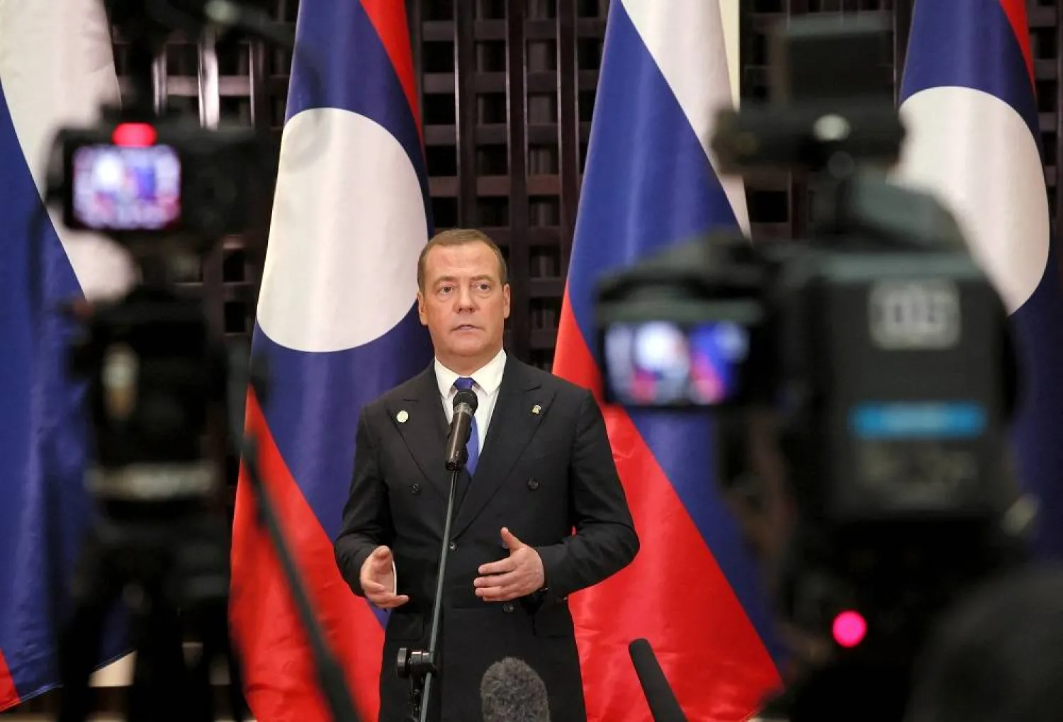 Russia's deputy chairman of the Security Council Dmitry Medvedev speaks during a news conference in Vientiane, Laos, May 23, 2023. (Sputnik/Reuters) 