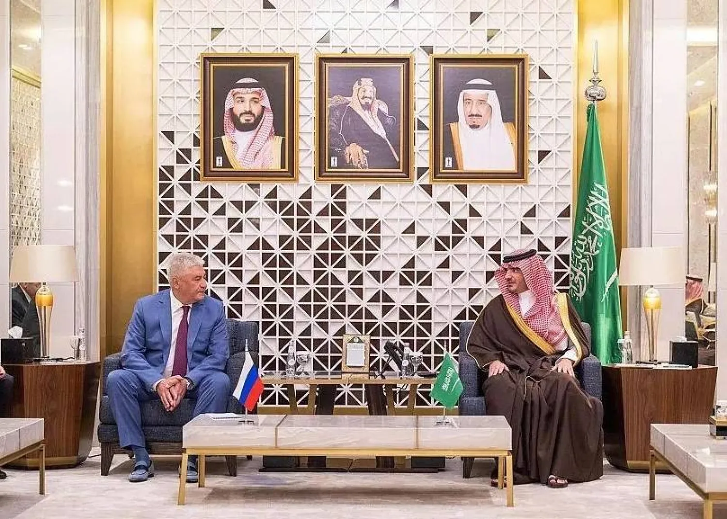 Saudi Interior Minister Prince Abdulaziz bin Saud bin Naif bin Abdulaziz and his Russian counterpart Vladimir Kolokoltsev hold talks in Riyadh. (SPA) 