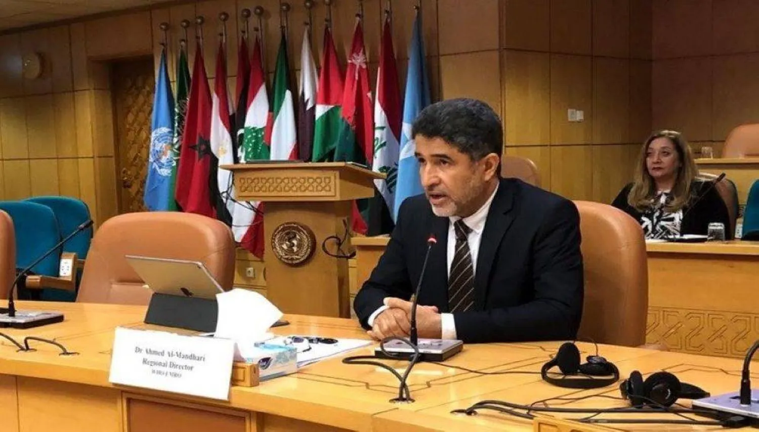 الدكتور أحمد المنظري خلال مشاركته في اجتماعات الجمعية العامة لمنظمة الصحة العالمية (الصحة العالمية)