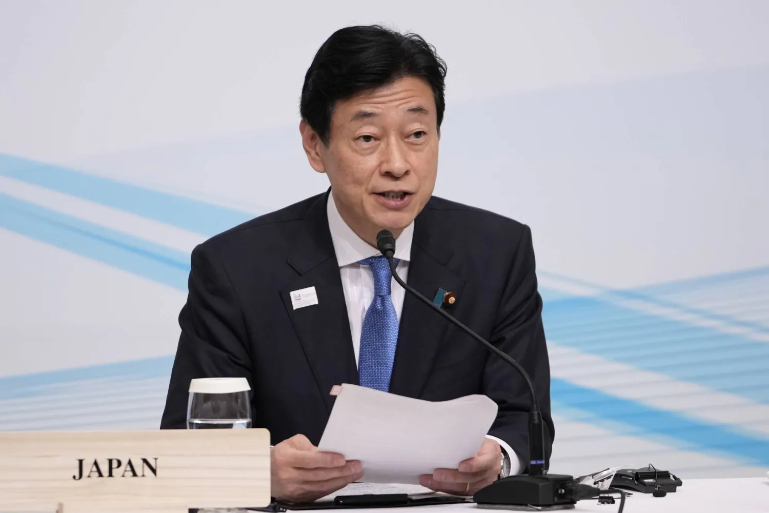 FILE - Japan's Economy Minister Yasutoshi Nishimura speaks during a joint news conference by host country Japan, Germany and Italy in the G7 ministers' meeting on climate, energy and environment in Sapporo, northern Japan, on April 16, 2023. (AP Photo/Hiro Komae, File)