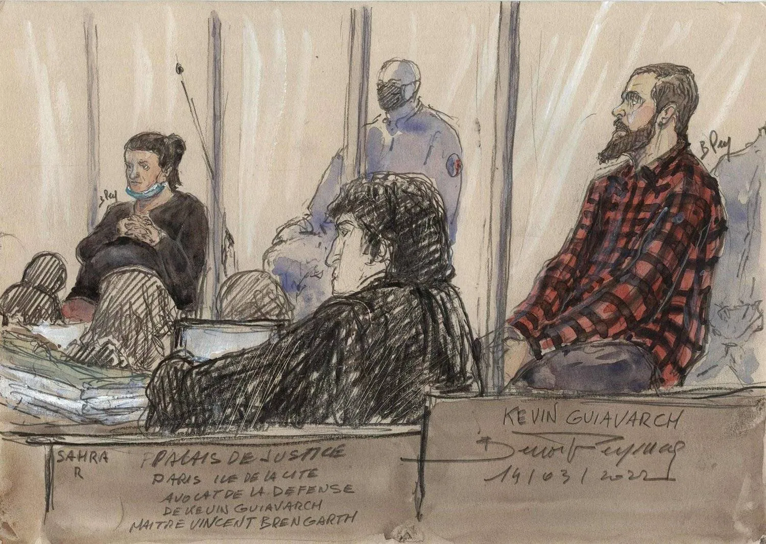 A drawing showing Kevin Guiavarch (right) inside a courtroom in Paris (AFP)