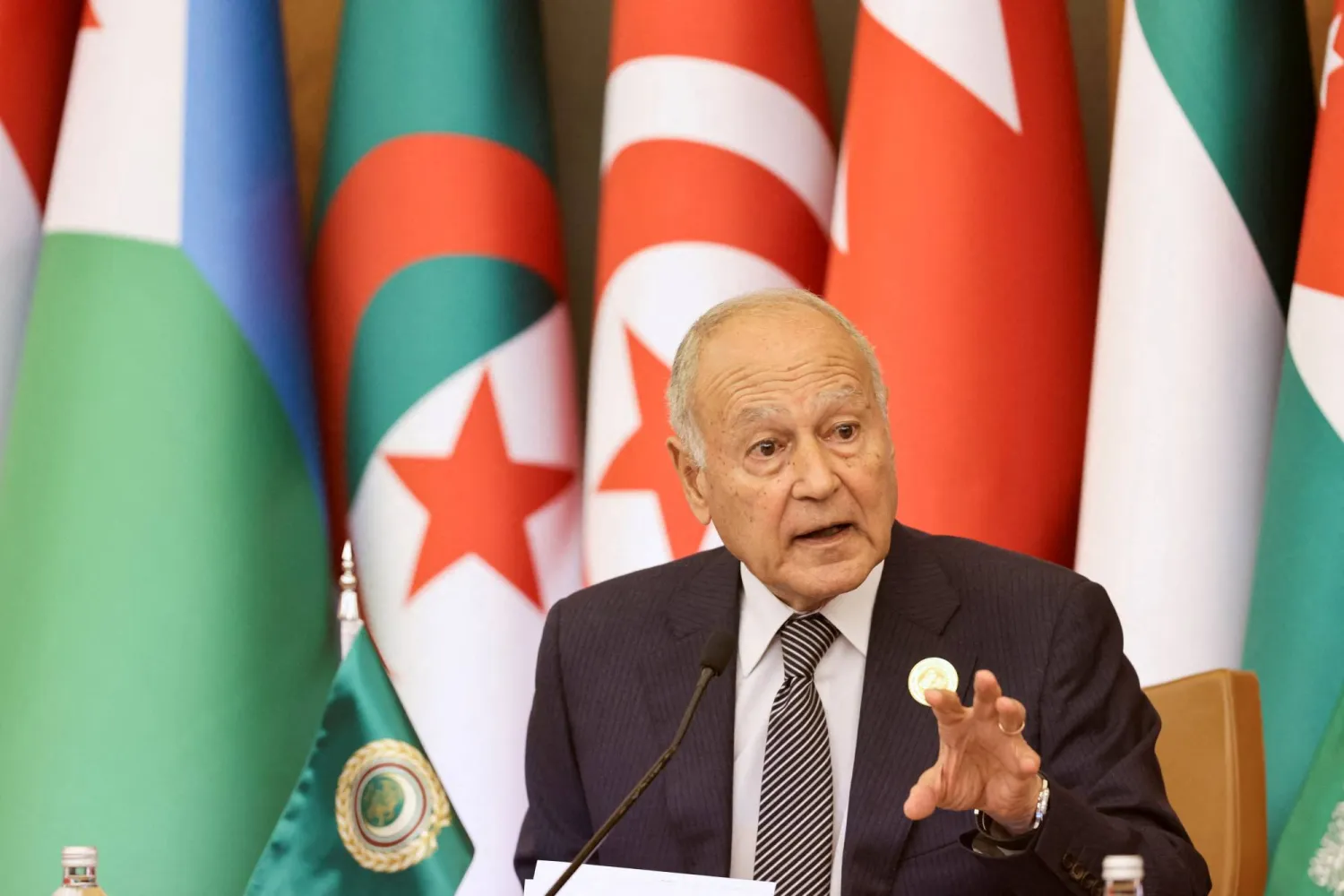 FILE PHOTO: Secretary-General of the Arab League Ahmed Aboul Gheit attends a news conference at the Arab Gulf Summit in Riyadh, Saudi Arabia, December 9, 2022. REUTERS/Ahmed Yosri/File Photo