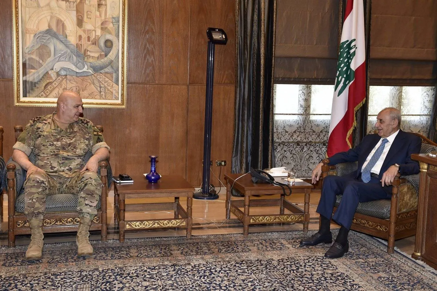 Parliament Speaker Nabih Berri met Army Commander Joseph Aoun Thursday (Lebanese Parliament)