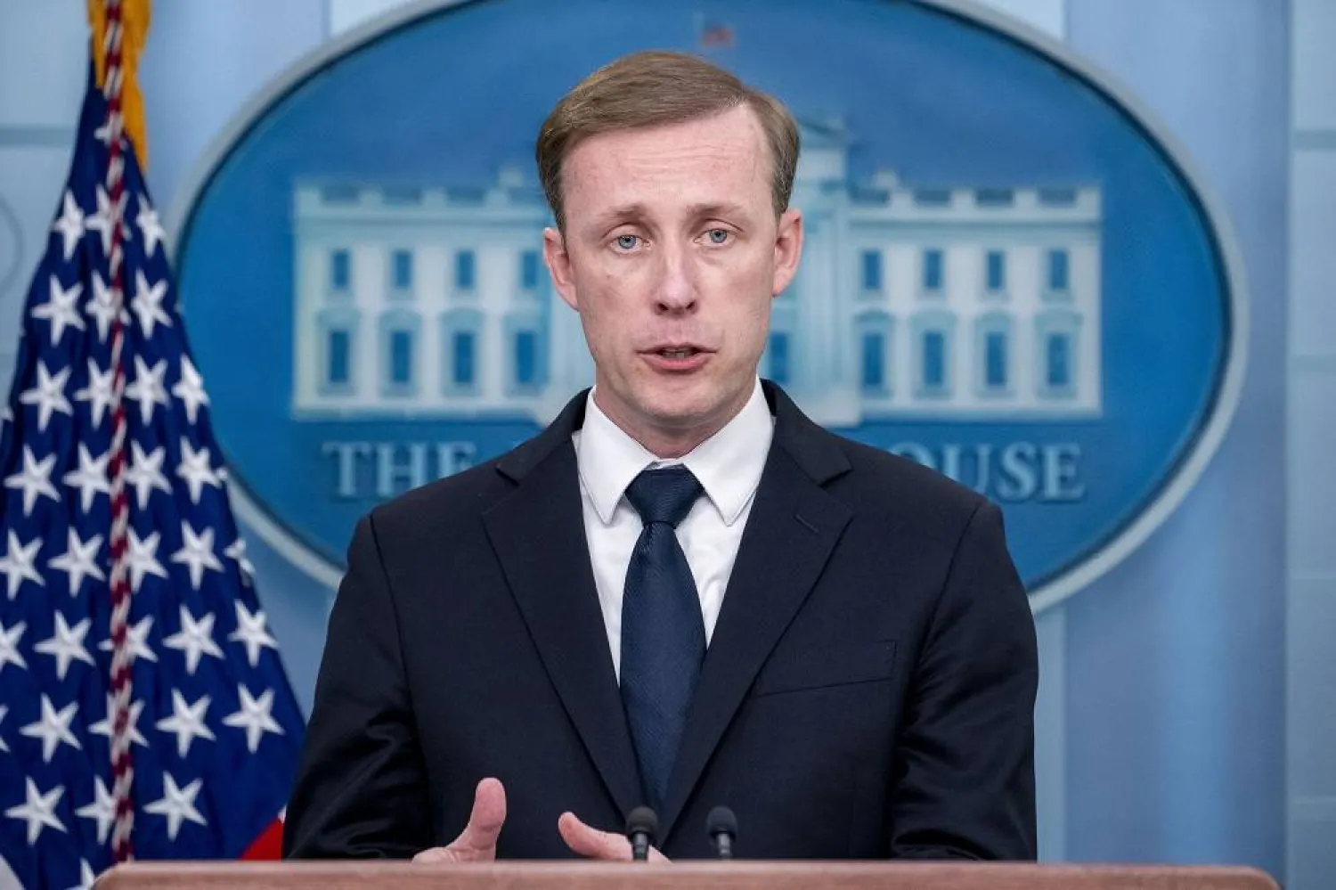 White House national security adviser Jake Sullivan speaks at a press briefing at the White House in Washington, April 24, 2023. (AP) 