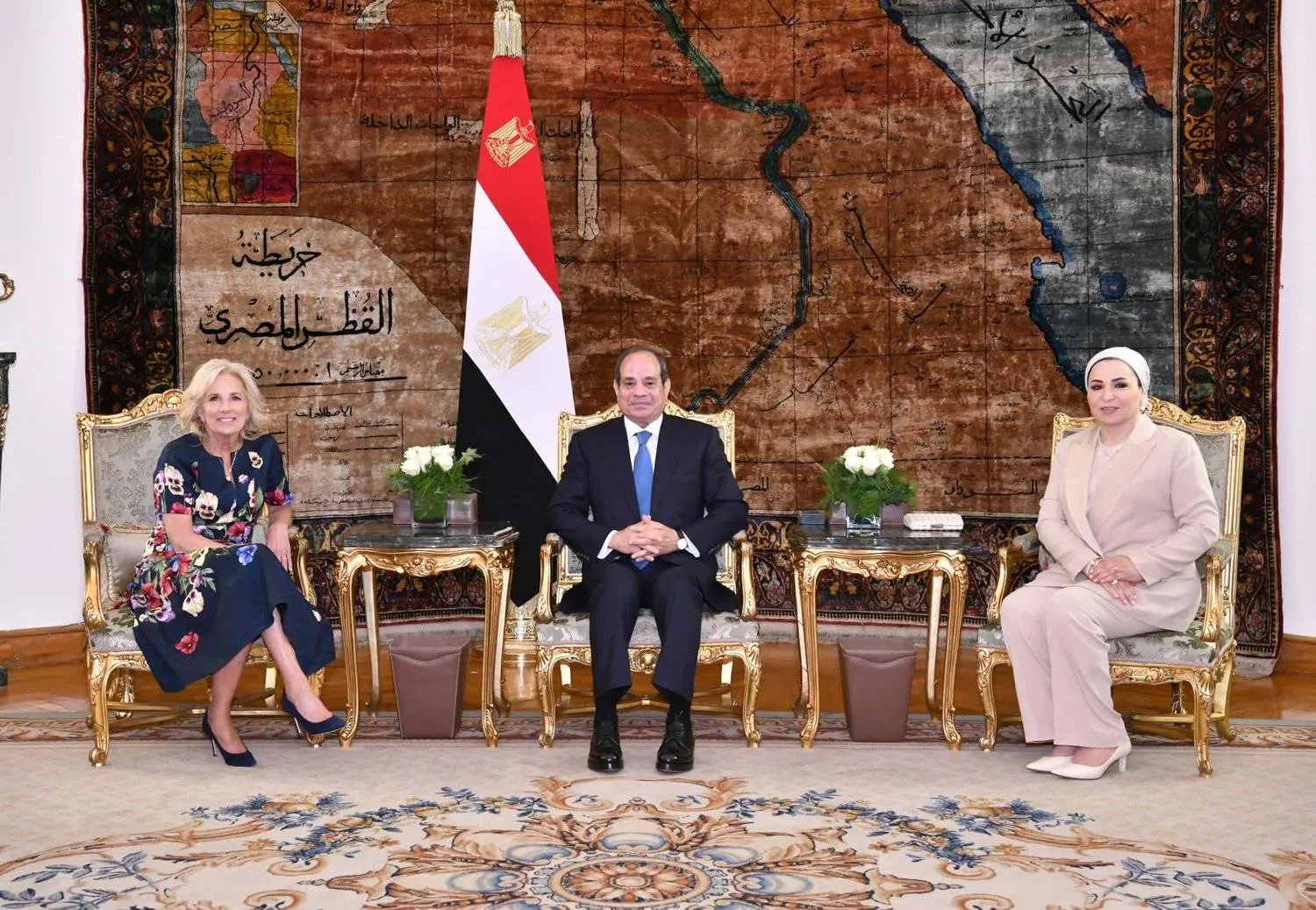 Egyptian President Abdul Fattah al-Sisi and his wife Entissar meet with US First Lady Jill Biden in Cairo on Friday. (Egyptian presidency) 