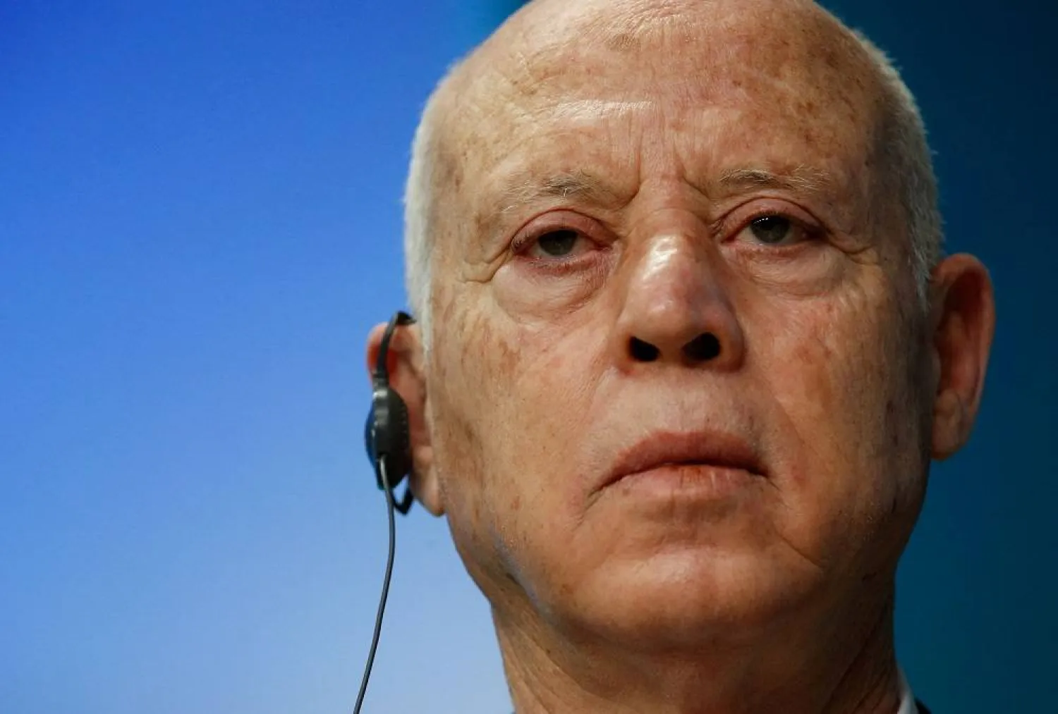 Tunisia's President Kais Saied gives a statement on the coronavirus disease (COVID-19) vaccination, during a European Union - African Union summit, in Brussels, Belgium February 18, 2022. (Reuters) 