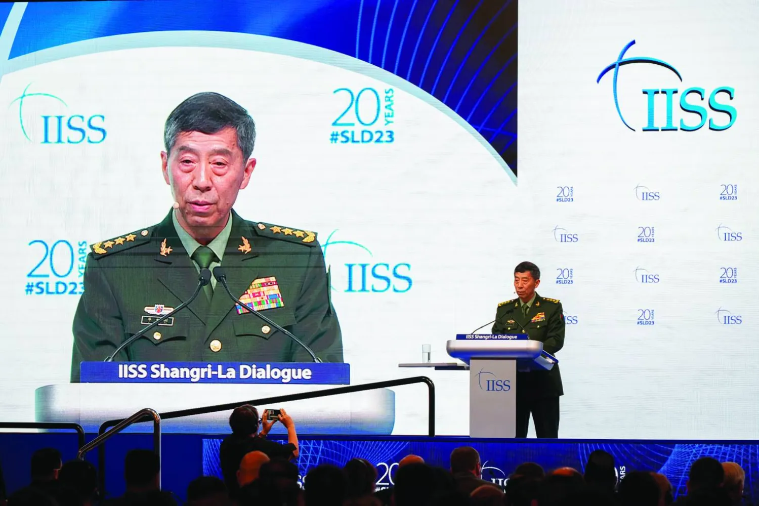 Chinese Defense Minister Gen. Li Shangfu delivers his speech on the last day of the 20th International Institute for Strategic Studies (IISS) Shangri-La Dialogue, Asia's annual defense and security forum, in Singapore, Sunday, June 4, 2023. (AP Photo/Vincent Thian)