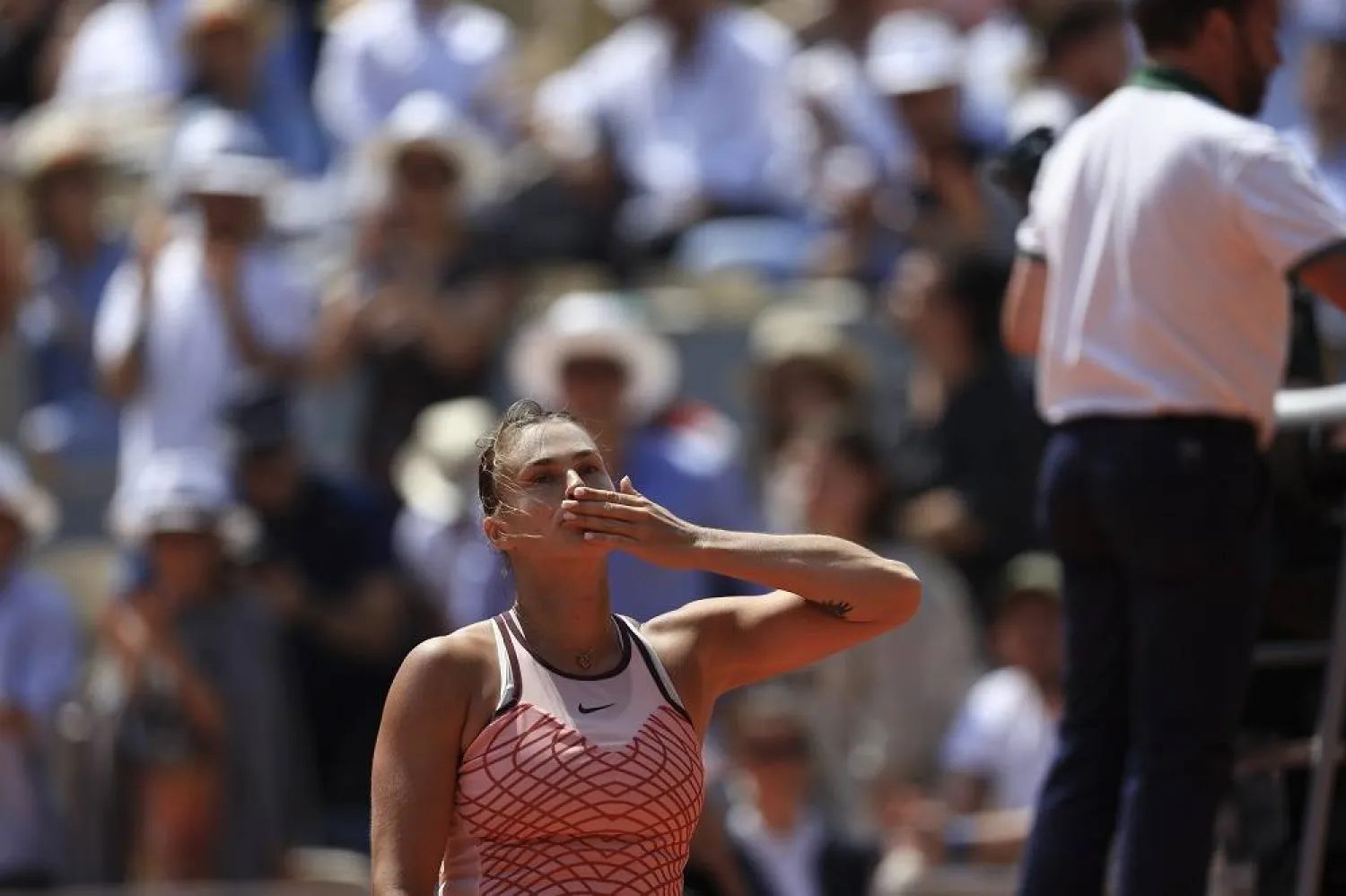Aryna Sabalenka of Belarus reacts after winning her quarter final match of the French Open tennis tournament against Ukraine's Elina Svitolina at the Roland Garros stadium in Paris, Tuesday, June 6, 2023. (AP)