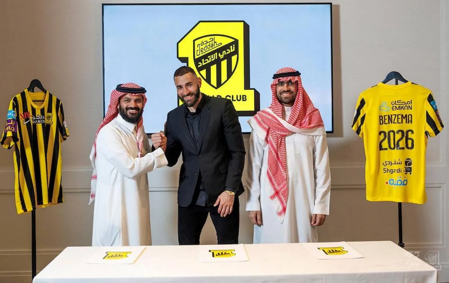 Karim Benzema poses with members of the Saudi Arabian football team Al-Ittihad organization in this handout photo obtained by Reuters June 6, 2023. (Al-Ittihad/Handout via Reuters) 