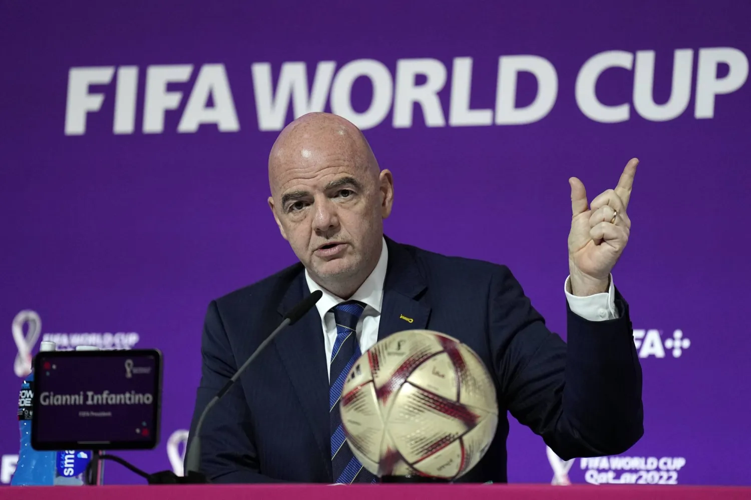 FILE - FIFA President Gianni Infantino meets the media at the FIFA World Cup closing press conference in Doha, Qatar, Friday, Dec. 16, 2022. (AP Photo/Martin Meissner, File)
